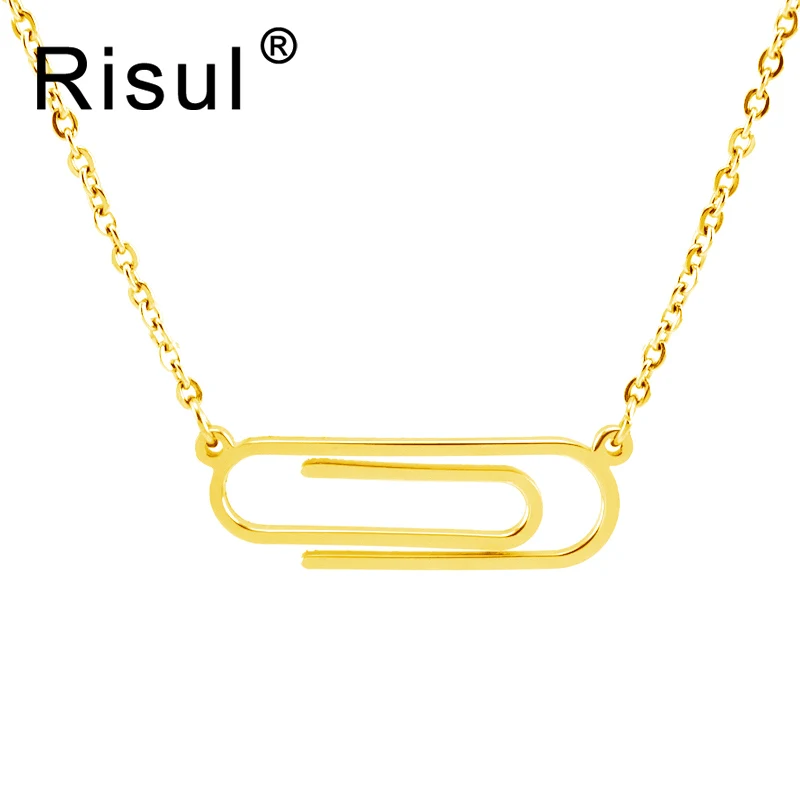 Risul Stainless steel paper clip Pendant office clip Necklaces women female lovely Jewelry Rolo chain polished wholesale 50pcs