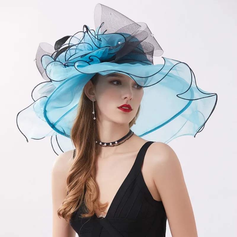 

Female Summer Sun Fedoras Hat Ladies Travel Sunscreen Sunshade Cap Wide Eaves Flower Organza Folding Fashion Beach Hats H6509