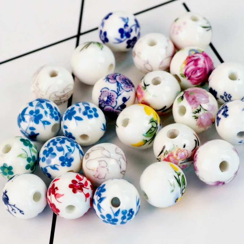 Wholesale 100pcs/lot 8mm 10mm Handmade Round Flower Design Ceramic Porcelain Loose Beads Jewelry Bracelet DIY Beads Accessories