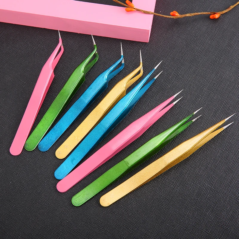 2Pcs/1set Straight & Curved Tweezers Nippers False Eyelash Extension Stainless Steel Pointed Clip Nail Art Nippers Makeup Tools