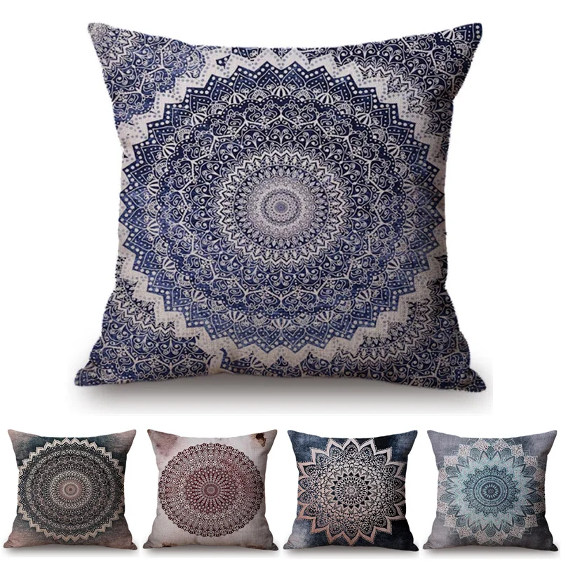 Funda de cojín para sofá y silla con diseño Floral de Mandala, funda de almohada de lino y algodón estilo religioso Vintage Kussen almofadas