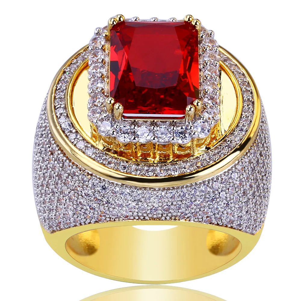 Luxury Hiphop male ring Silver Color 3ct Red AAAAA Zircon cz Rock Wedding Band Rings for men Finger Party Jewelry