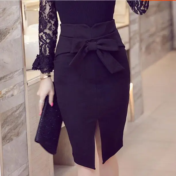 faldas mujer moda 2019 Korean Bow Pencil Skirt Sexy Slits Package Hip Professional One Step skirts womens faldas mujer