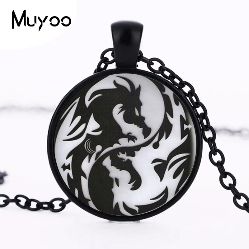 Vintage Yin Yang Dragon Pendant Necklace Cabochon Long Black Chain Statement Necklace For Fashion WomenMen HZ1