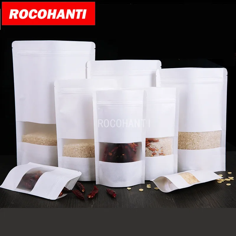 

Custom White Kraft Paper Food Bag Reuseable Stand UP Pouch with Clear Transparent Window for Cookies Coffee Snack Gift Packaging