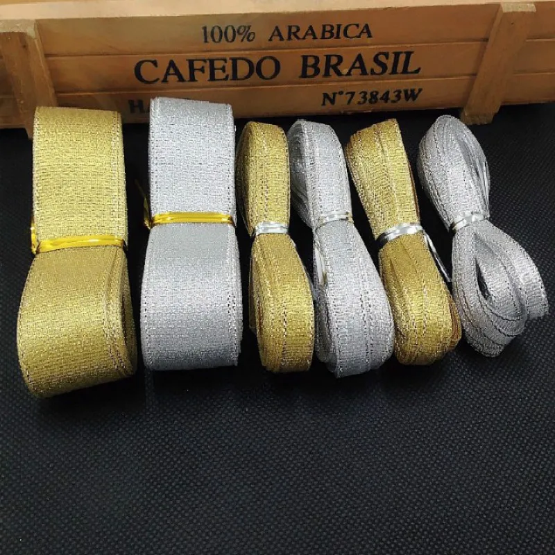 5 Meters Gold/Silver Silk Satin Ribbon 0.6-2.5CM Glitter Embroidered Onions Ribbons for Wedding Cake Gift Decor Craft Supplies