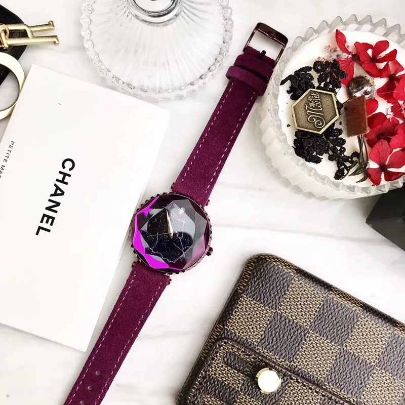 Luxury Fashion Full Purple Watches Women Personalized Lightning Wrist watch Waterproof Fur Leather Watch Marble Faceted Crystals