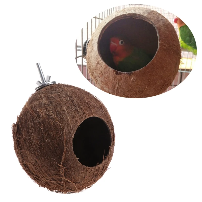 Bird Parrot Finch Nest Natural Coconut Shell Hanging Chain Cage Toys Swing House 090