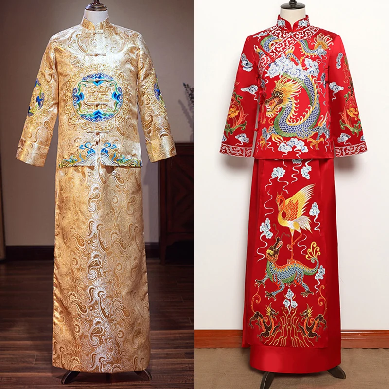 

Red Long Sleeve Groom Toast Clothing Chinese Groom wedding Dragon Robe Men Jubilant Costume Tang Suit Wedding Traditional Gown