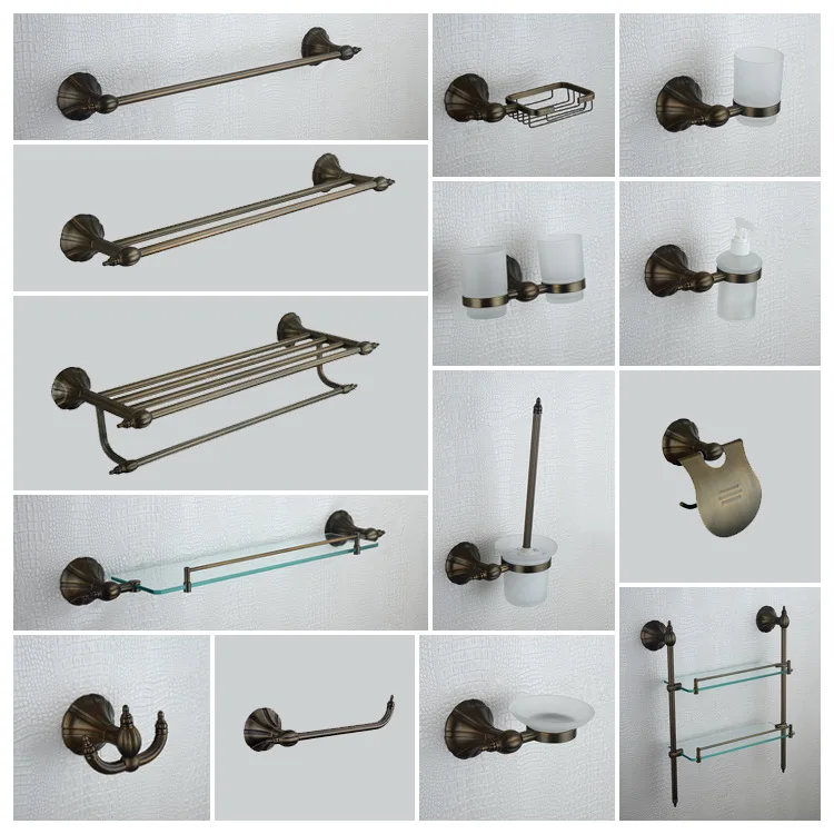 Antique Brass 14PCS/Set Towel rack Paper holder Toilet brush Soap basket shelf Bathroom hardware accessories Set