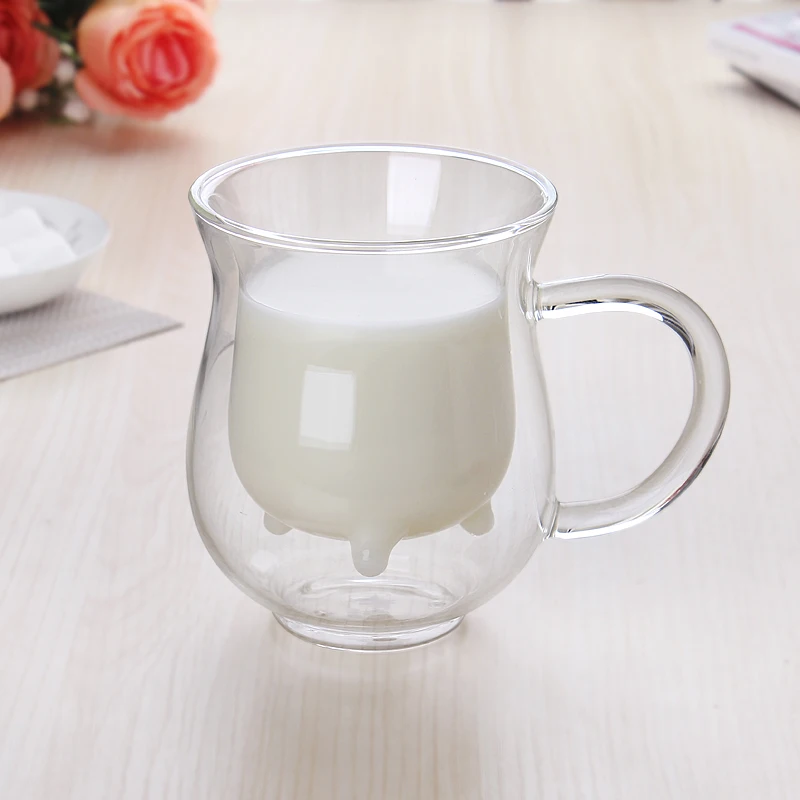 

400ml Double Wall Milk Glass Cup Creative Cow Glass Morning Tea Cup Juice Water Coffee Mug Funny Kitchen Drinkware Dropshipping