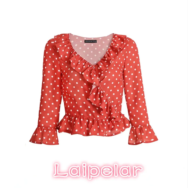 Top corto Sexy con volantes para mujer, Camisa de gasa de manga larga, tops y blusas bohemias con estampado de puntos blancos o florales para mujer