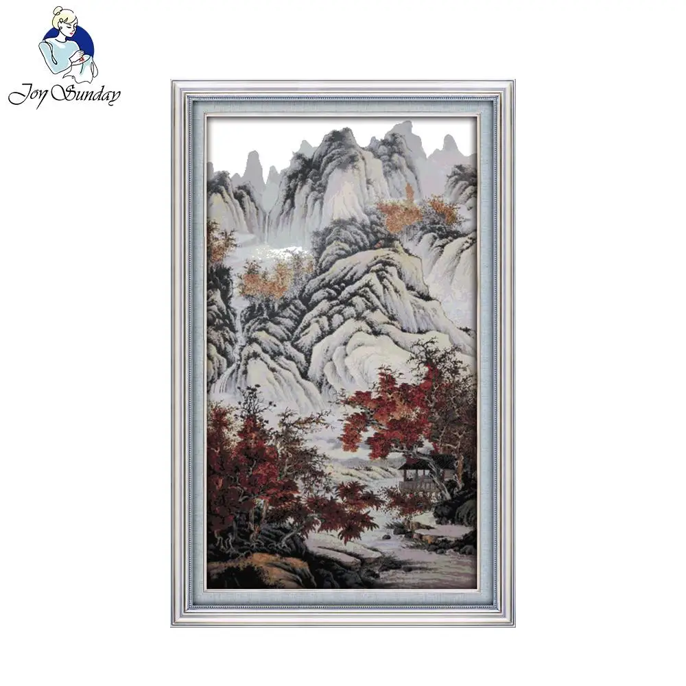 

Joy Sunday Needlework DIY Landscape Cross Stitch Sets for Embroidery Kit Autumn Mountains and Red Trees Cross-Stitching Decor