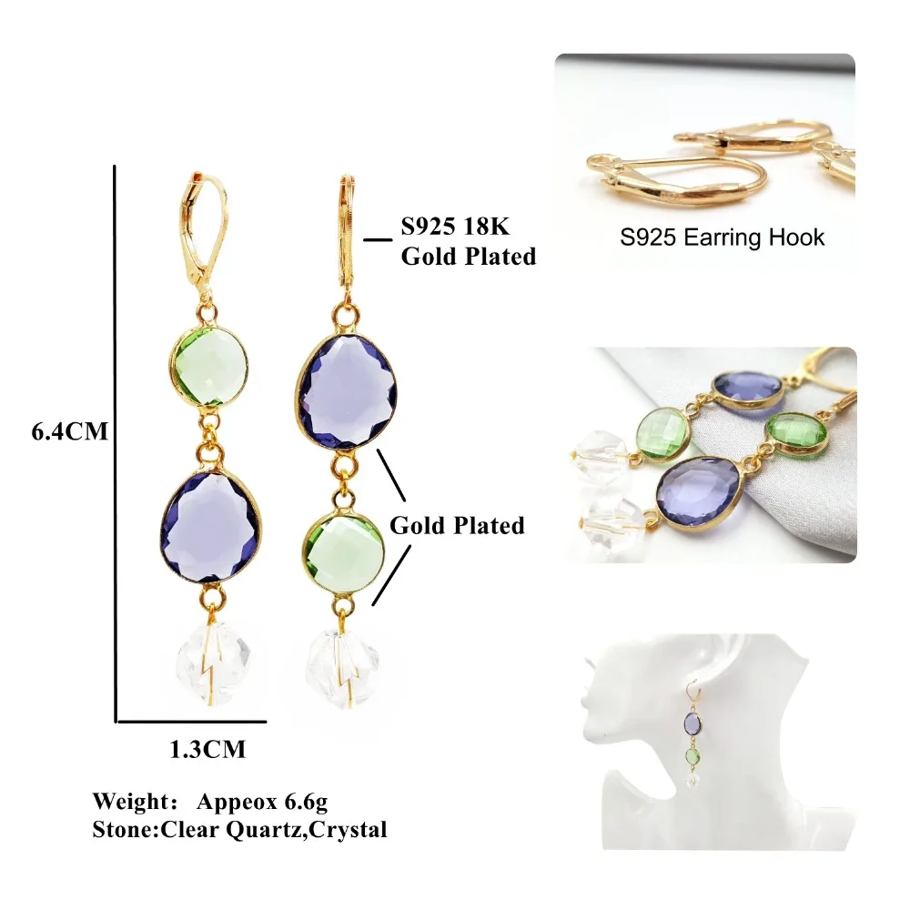 Lii Ji Unique Crystal Quartz 925 Sterling Silver  Gold Color Long Dangle Earrings