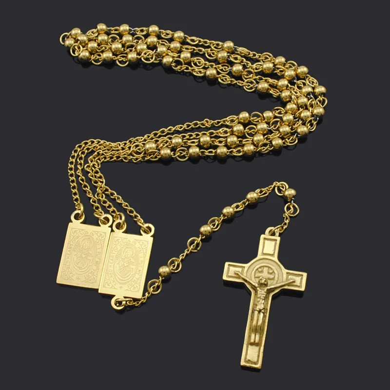 ATGO Rosary Beads Jesus Cross Religious Stainless Steel Necklace Womens Mens chain for men Hot Sale BRN18