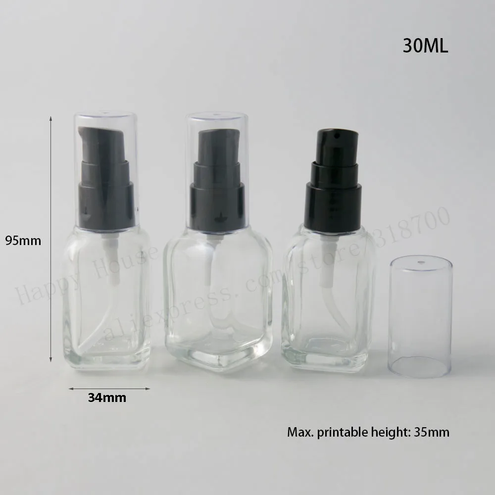 new arrival 20/lot 30ml Transparent Square Glass Essential Oil Container With Black Pump 1oz Glass Clear Lotion Pump Bottle