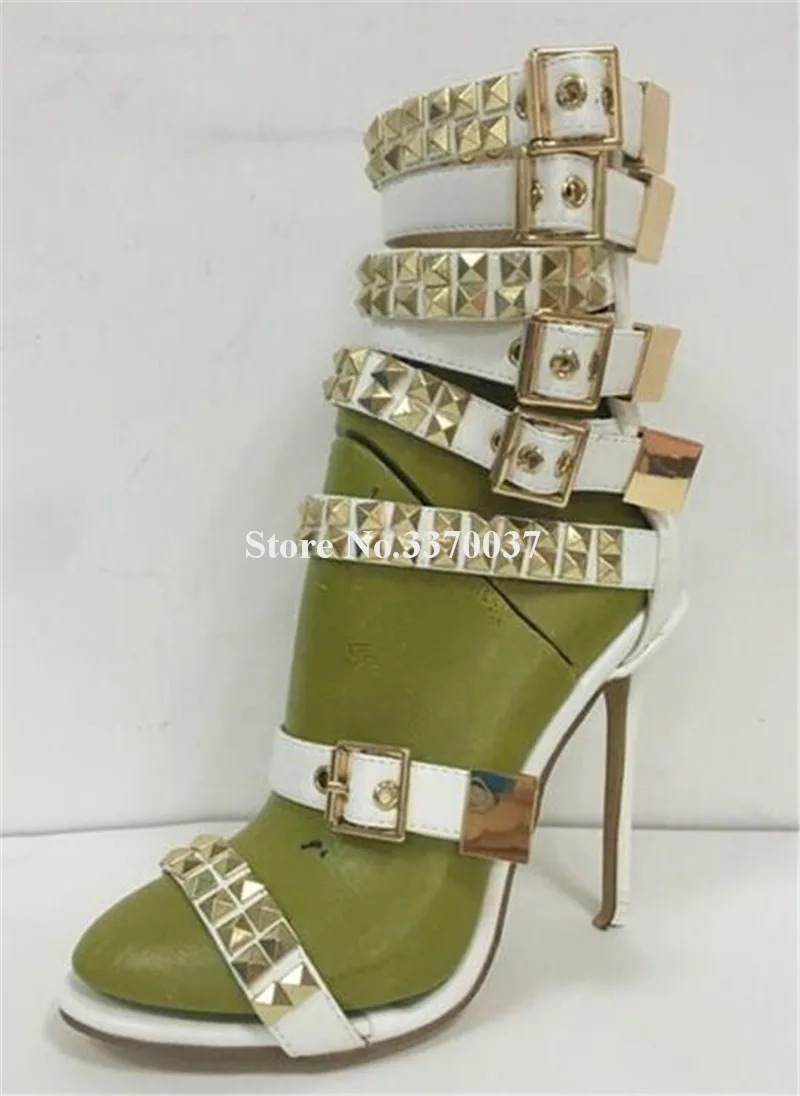 New Fashion Women Open Toe Gold Rivet Straps Thin Heel Gladiator Sandals White Black Buckles High Heel Sandals Club Shoes