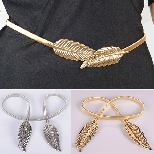 

New Fashion Women's Belt Leaf Design Vintage Style Elastic Clasp Metal Waist Femme Waistband Golden Silver Color