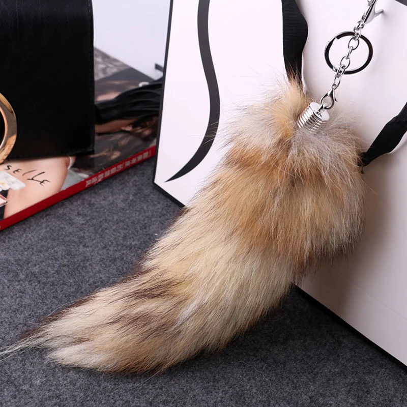 Fashion Fox Tail Keychain Fox Fur Keychain Hot Large Wolf Tail Fur Tassel Bag Tag Black And Brown Keychain Strap Chain llaveros