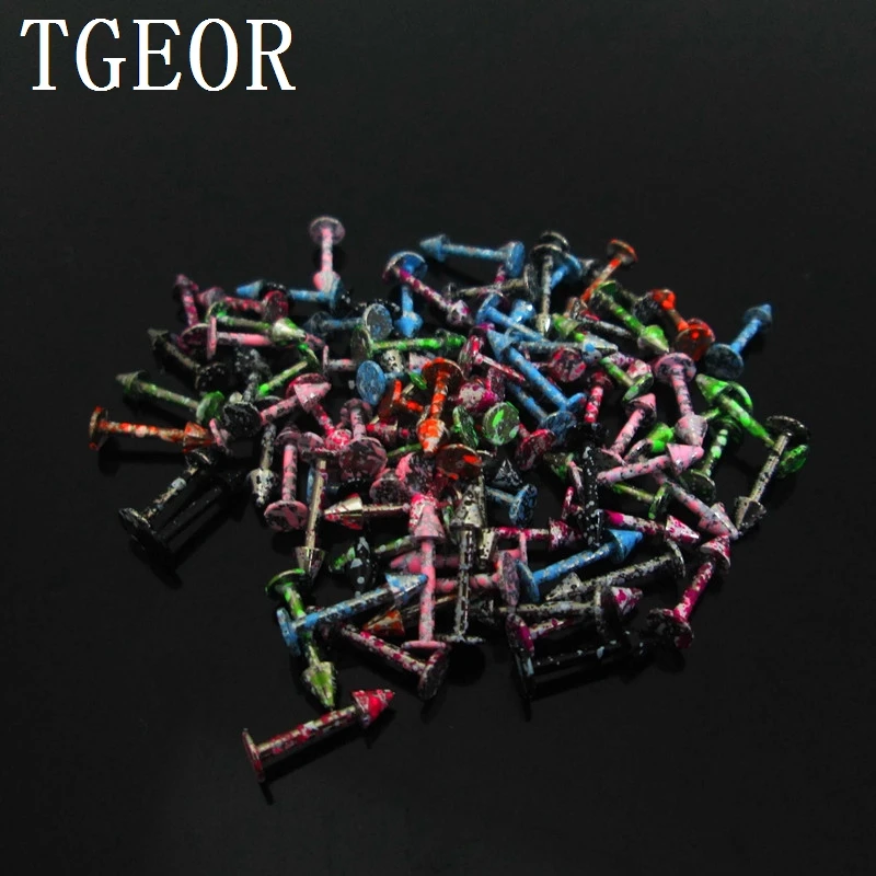 

free shipping double colors paint spike cone 100pcs 16G 3mm surgical Stainless Steel lip piercing labret ring