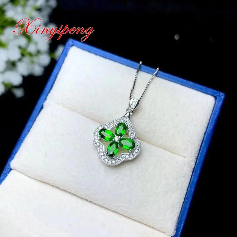 

Xin yi peng 925 silver plated gold inlaid natural diopside pendant necklace beautiful women anniversary birthday gift