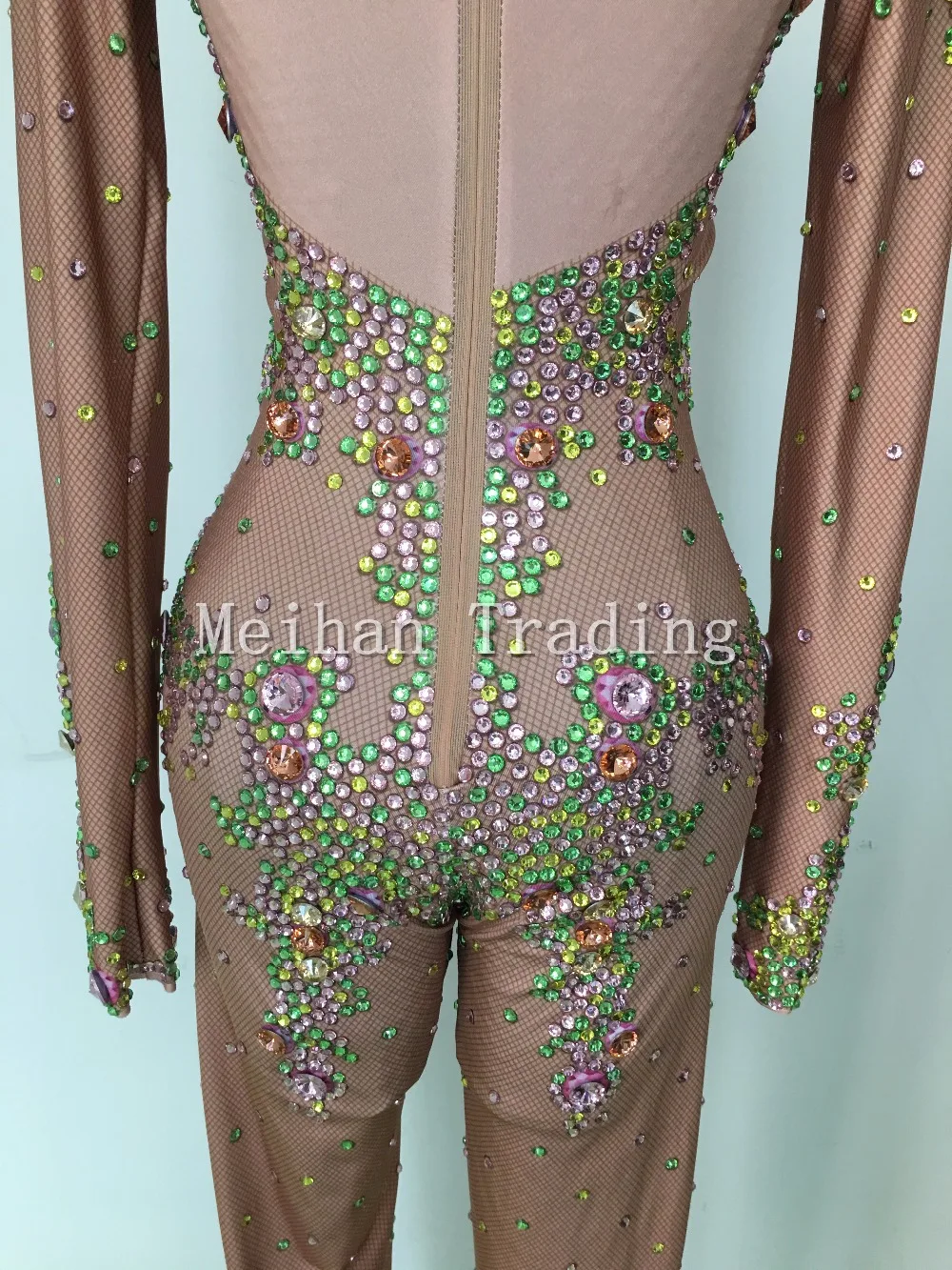 2018 Terbaru Telanjang Colorful Rhinestones Bodysuit Klub Malam Dansa Pakaian Celana Kodok Panjang Lengan Bodysuit Kostum Wanita Pakaian Pesta