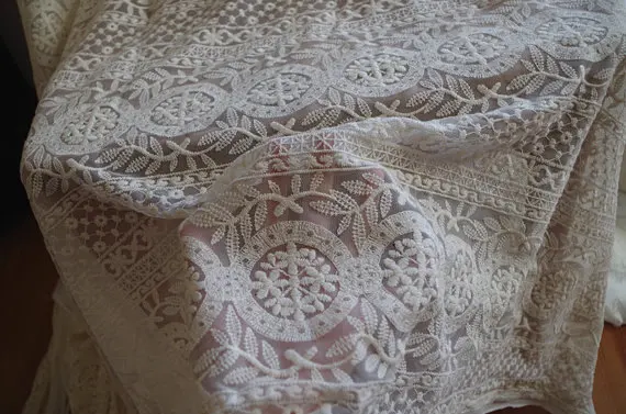 1 yard Ivory Embroidered Tulle Lace Fabric Cream Cotton Embroidered Tulle Lace Fabric Mesh Lace Curtain Fabric