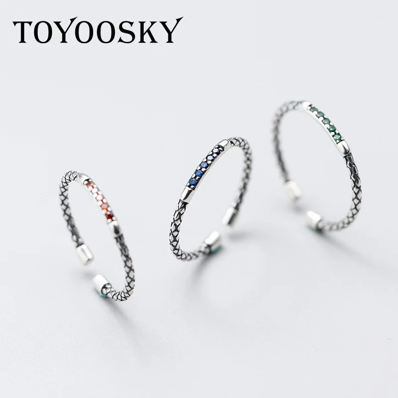 Retro 925 Sterling Silver Ring Female Vintage Thai Silver Fashion Adjustable Whip Serpentine Crystal Finger Ring for Women