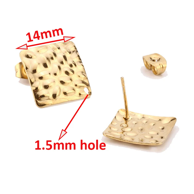 Gold Stainless Steel Square Heart Round Blank Ear Posts Findings With Hole Hammered Uneven Pad Stud Earrings Base DIY Making