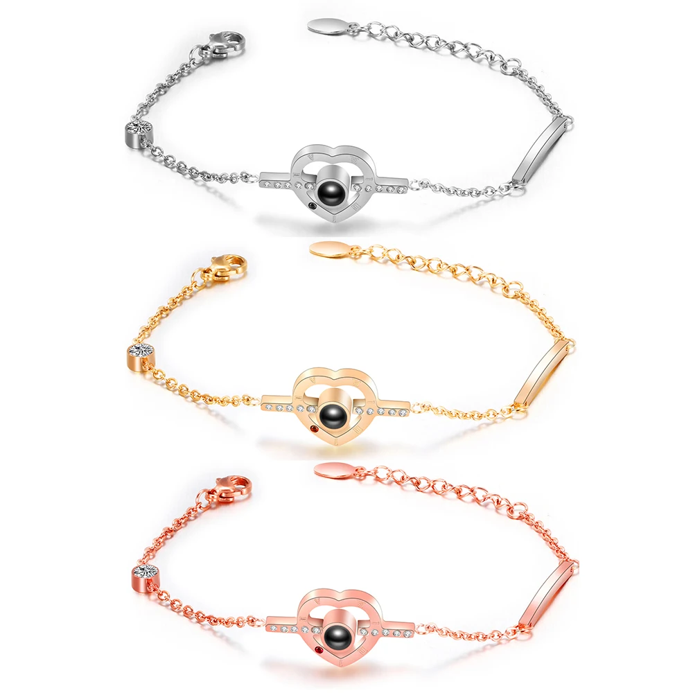 

New Arrival Valentine's Day Gold Color 100 languages I love you Projection Fashion Charm Women Bracelet Dropshipping