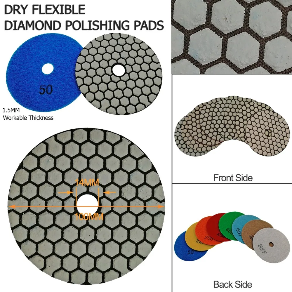 SHDIATOOL 10sets (7pcs/set) Dry Diamond Polishing Pads Dia100mm/4inches 70pcs Resin Bond Diamond Flexible Sanding Disk