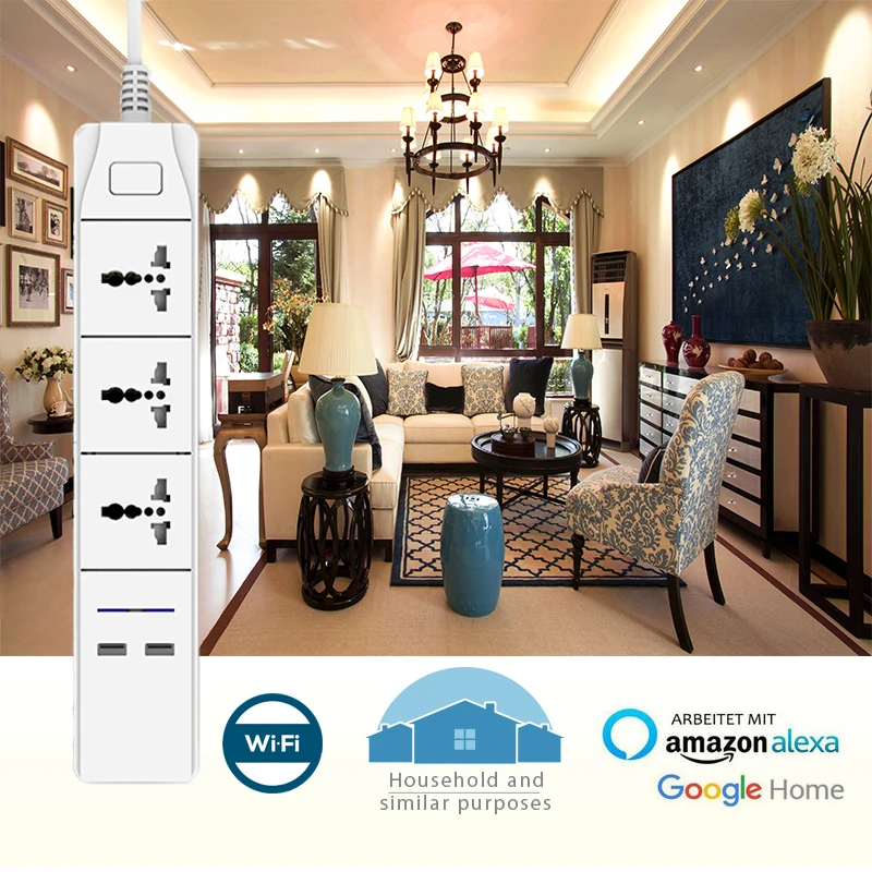 Inteligentne sterowanie zasilaniem przez wi-fi Strip z uniwersalnym 3 gniazdem 2 stacja ładująca USB działa z Alexa Google Home Assistant UK/AU/EU/India Plugs