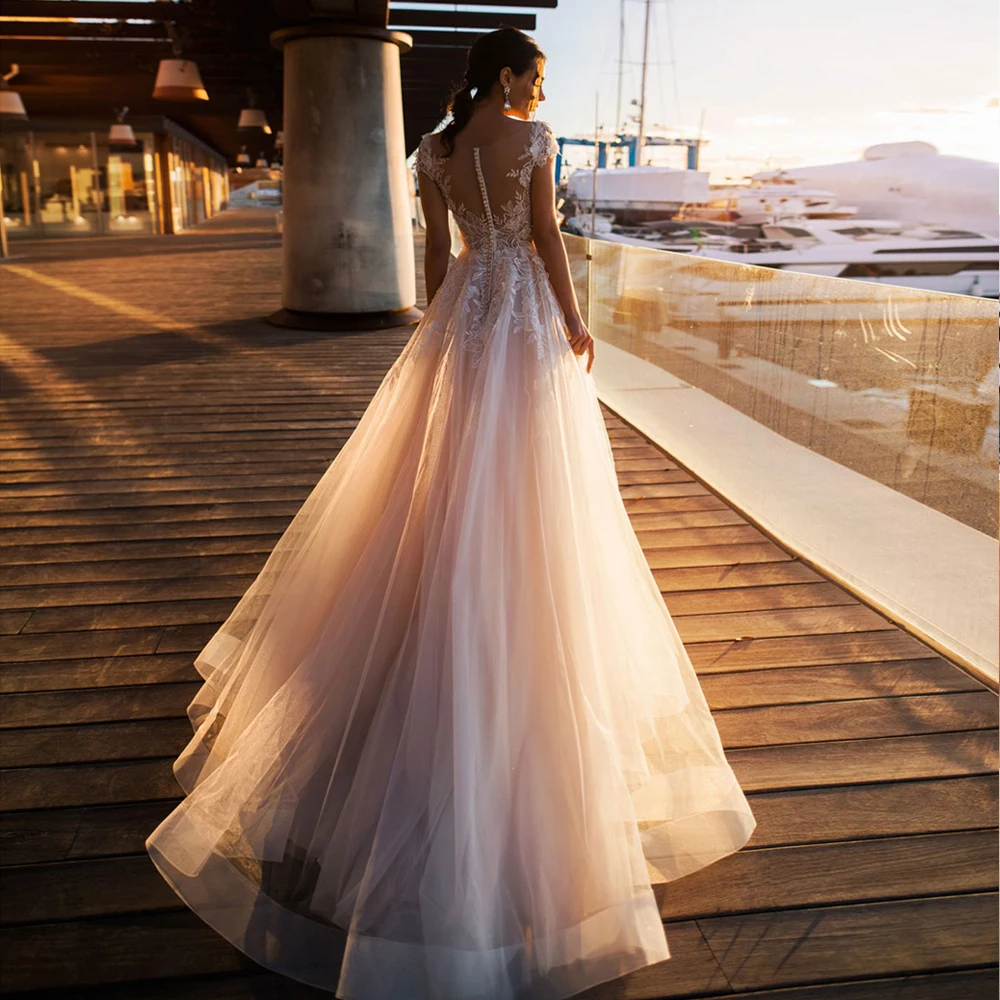 Charming Sheer คอ Bohemian ลูกไม้ Vestidos De Novia สีขาว/งาช้าง Tulle ที่กำหนดเอง Civil ชุดเจ้าสาว Plus ขนาด