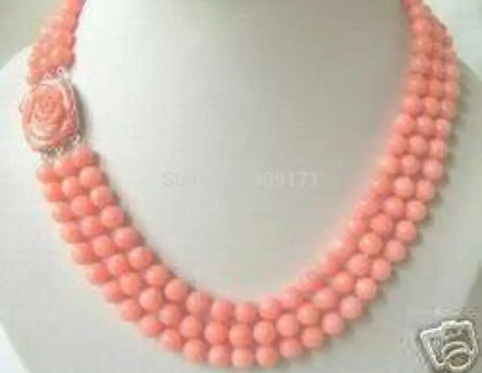 

Rare 3 rows 7-8mm Pink coral beads necklace Genuine 18inch Wedding women Jewelry Free shipping