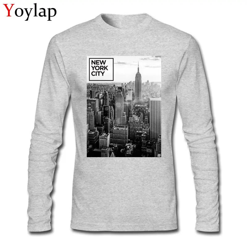 New York Cityscape Grayscale Picture Printed T-shirt For Men Long Sleeve O-neck Pure Cotton Top Tees Classic