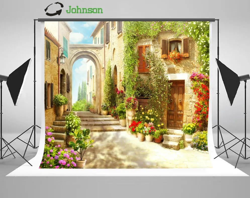 

Country Village Town Flower Leaves Street Road Staircase backdrops polyester Vinyl cloth Computer print wedding Backgrounds