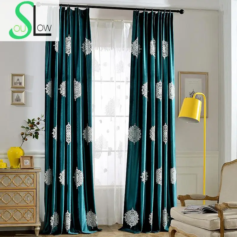 

Slow Soul Mark Dark Blue Green Velvet Curtain Bedroom Curtains European Embroidered French Window For Living Room Tulle Kitchen