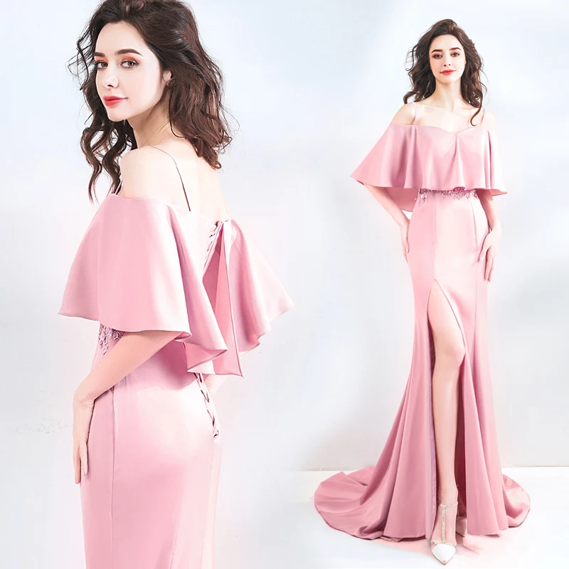 Elegant Soft Pink High Side Slit Suspender Small Trailing Mermaid Celebrity Dress 179