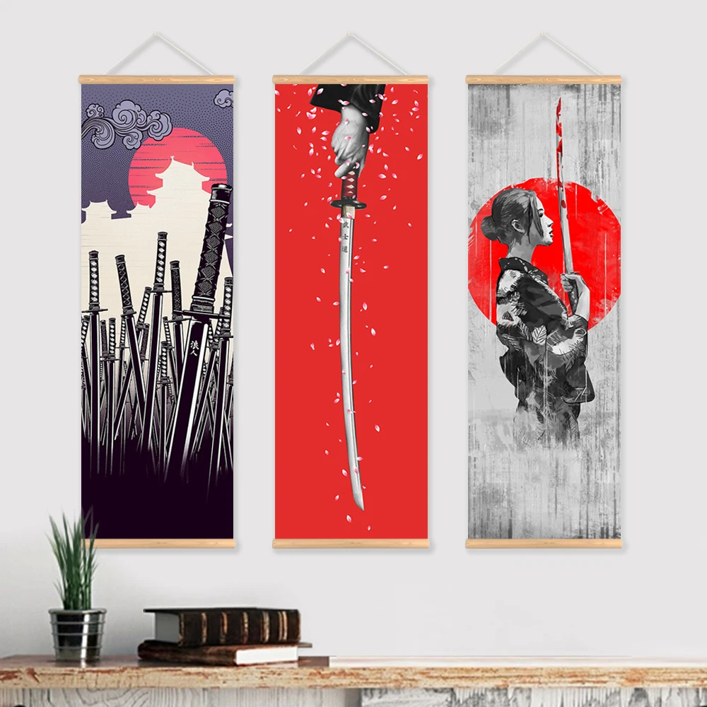 Japanese Samurai Ukiyoe Scroll poster Canvas Poster with Wooden Hanger Wall Art Living Room Bedroom Home Decor Scroll Painting