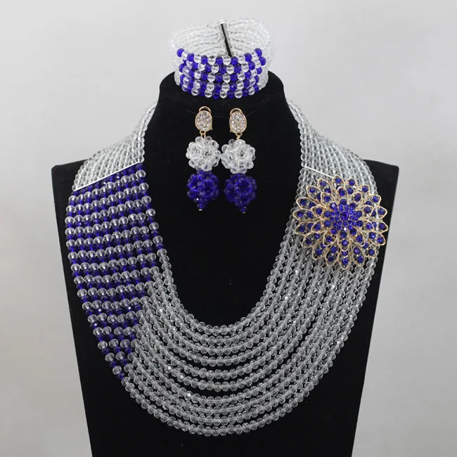 African Wedding Beads Jewelry Set Classical Royal Blue/White Crystal Beads Jewelry Set Bridal Necklace Set Free Shipping ABL920