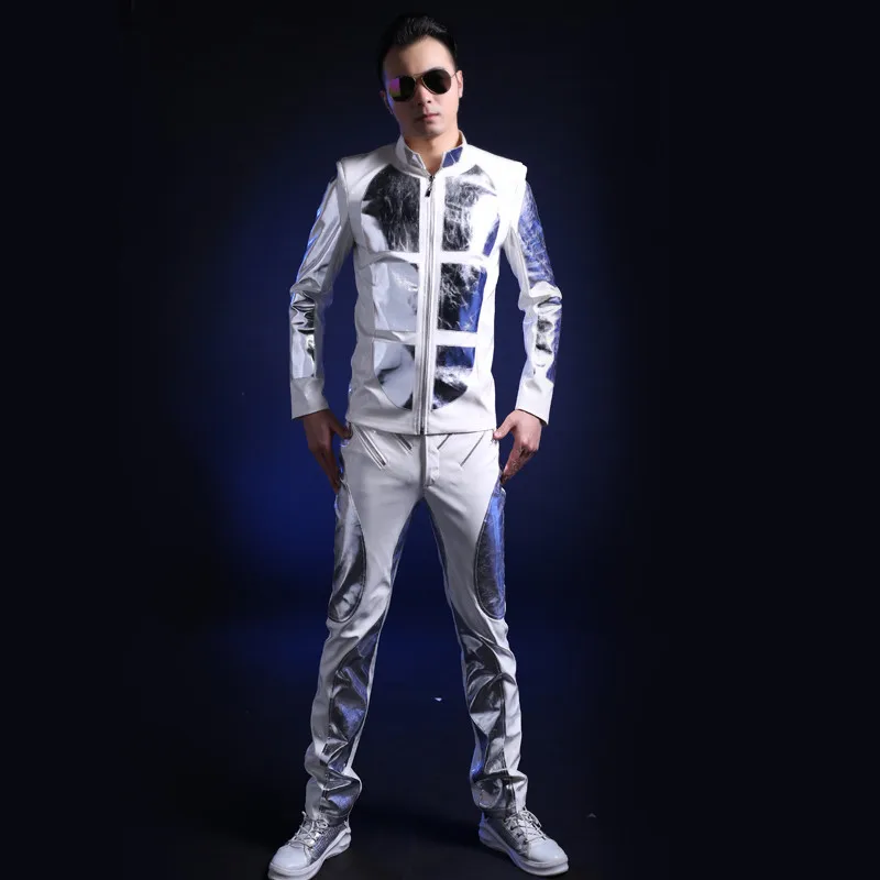 

New design Bar Performance Costume Men Nightclub Nights DS White Patent Leather Stage Costume