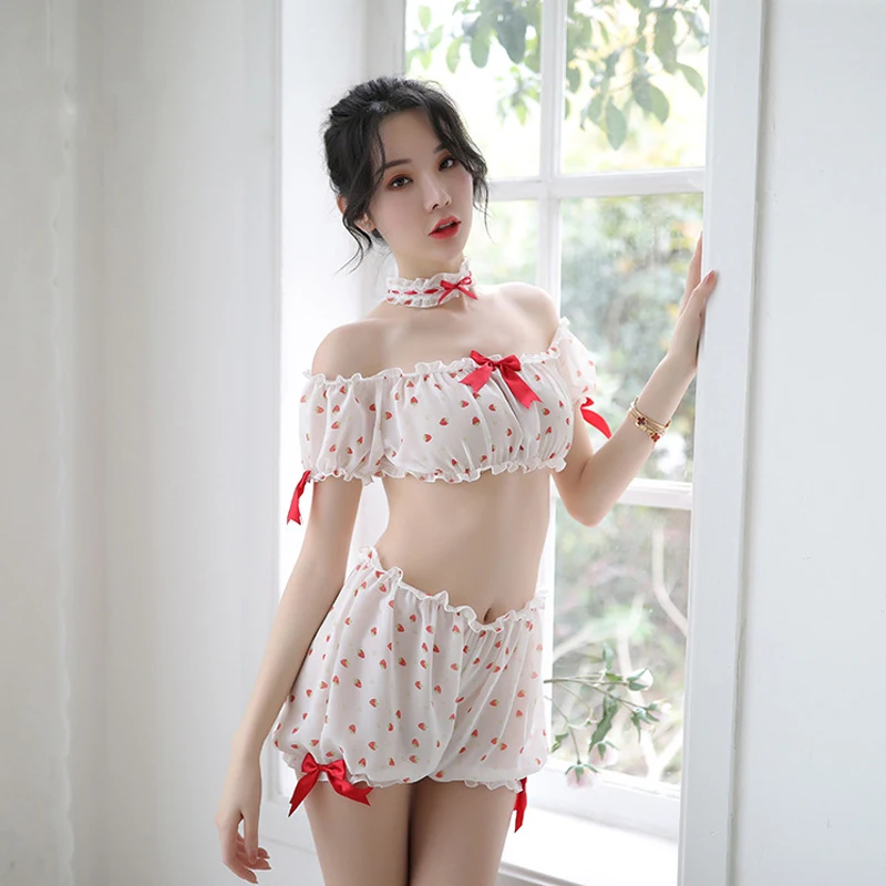 

Yhotmeng new cute white small strawberry print sling one word shoulder split bow pajamas sleep pants set