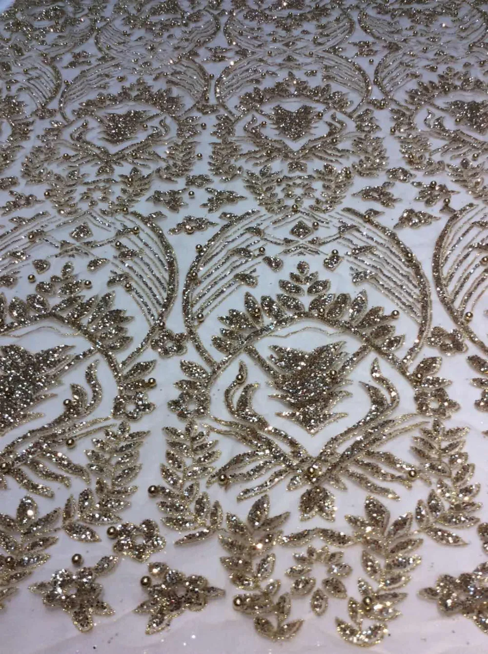 

ap219# 5 yards champagne gold pearls sparkly hand print glued glitter net tulle mesh sugar lace fabric for sawing dress