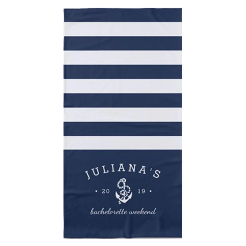 Navy Blue White Personalized Bachelorette Weekend Beach Towel Microfibre Nautical Stripes Anchor Bachelorette Getaway Party Gift