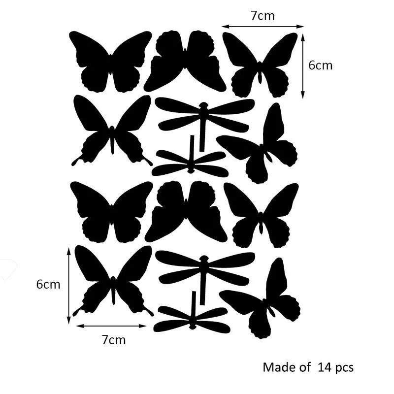 ウォールステッカー漫画蝶トンボ14ピース/セット,子供部屋用アート壁画,冷蔵庫の装飾,ビニールステッカー