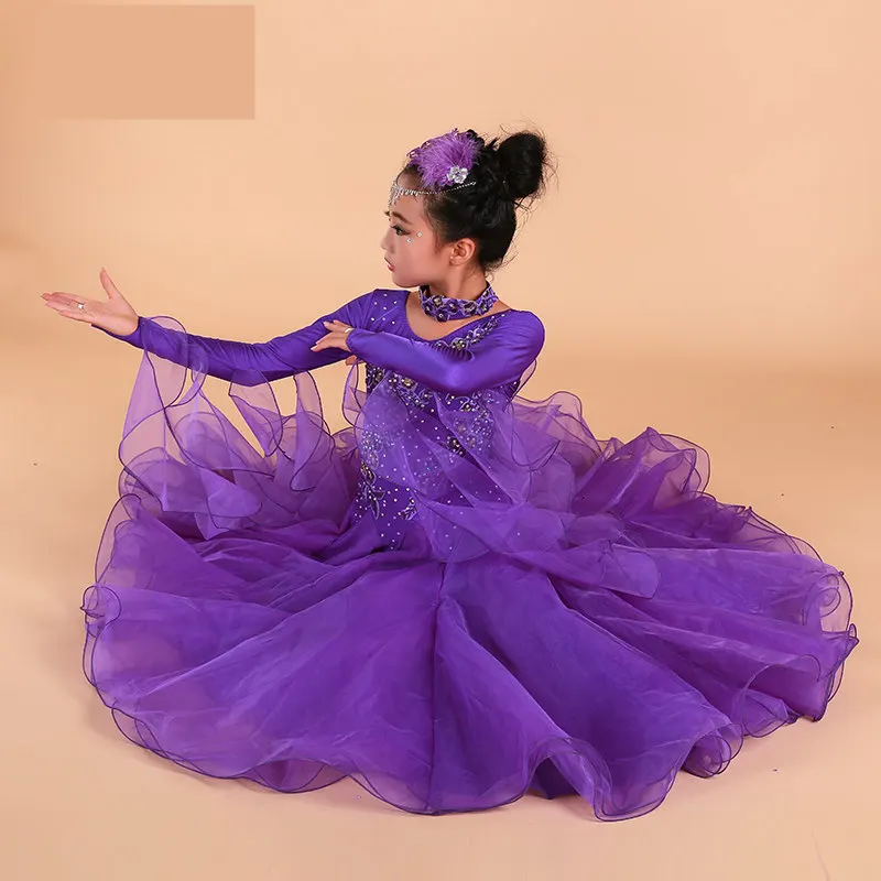 Luxury Rhinestone Girls Embroidery Pendulum Standard Ballroom Dance Dress Children Tango Flamenco Waltz Dance Competition Dress