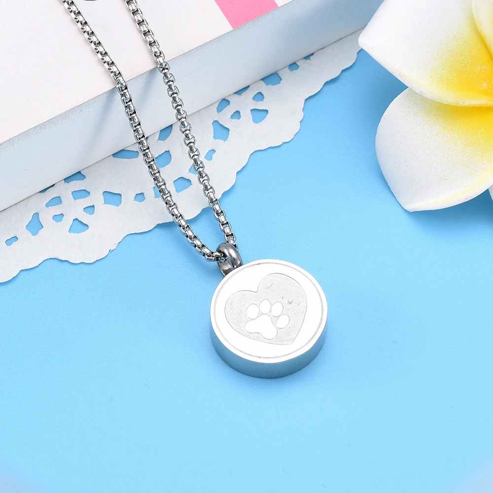 IJD9883 Pet Dog/Cat Paw Print In My Heart Urn Pendant for Ashes Stainless Steel Engravable Keepsake Jewlery Cremation Necklace