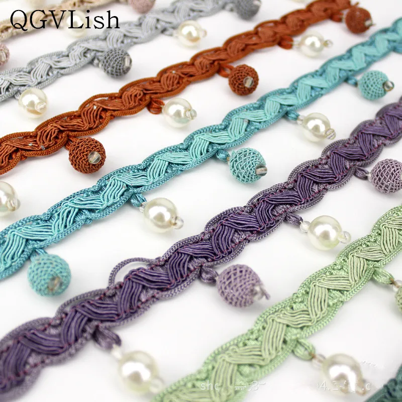 QGVLish 12M/lot Pearl Beads Curtain Tassel Fringe Lace Trim DIY Sew Sofa Stage Lamp Lace Ribbons Belt Curtain Accessories Decor