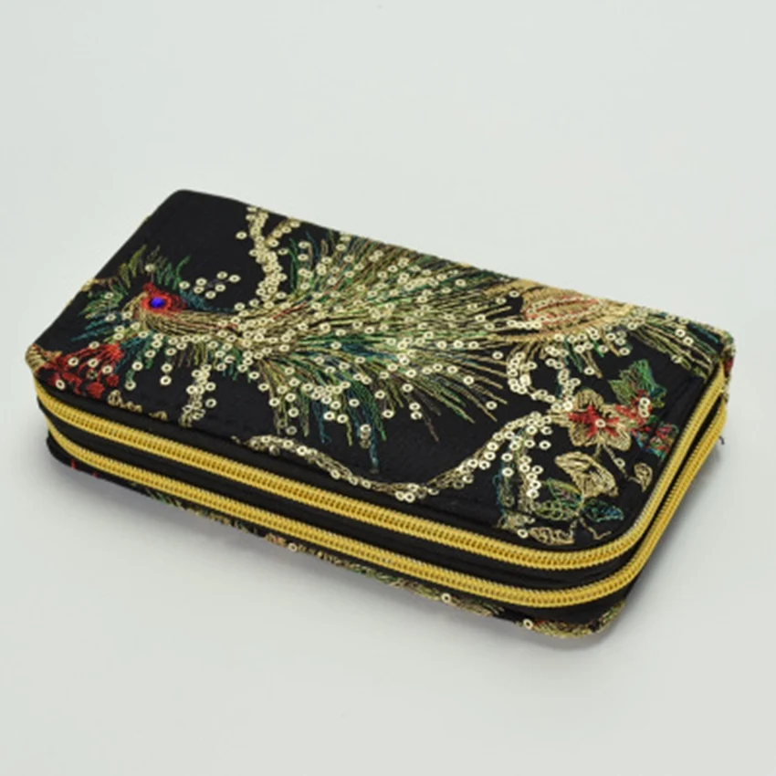 mini purse ethnic style double-sided embroidery wallet high-end features peacock embroidery hand-made mobile girl wallet