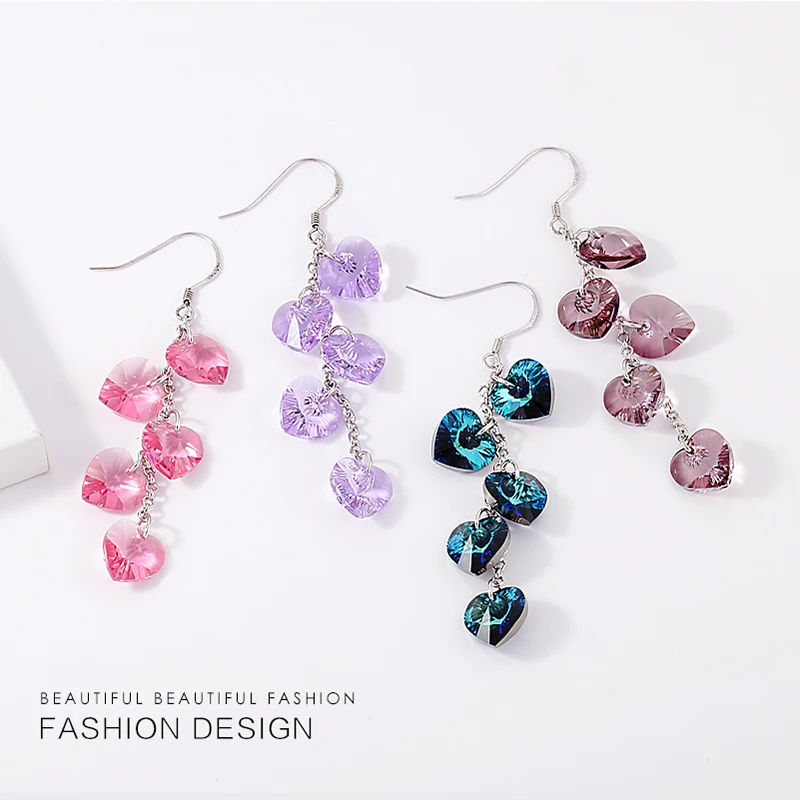 Original Heart Crystals From Austria Tassel Drop Earrings Colorful Beads Hanging Silver Color Dangle Earrings Piercing For Women
